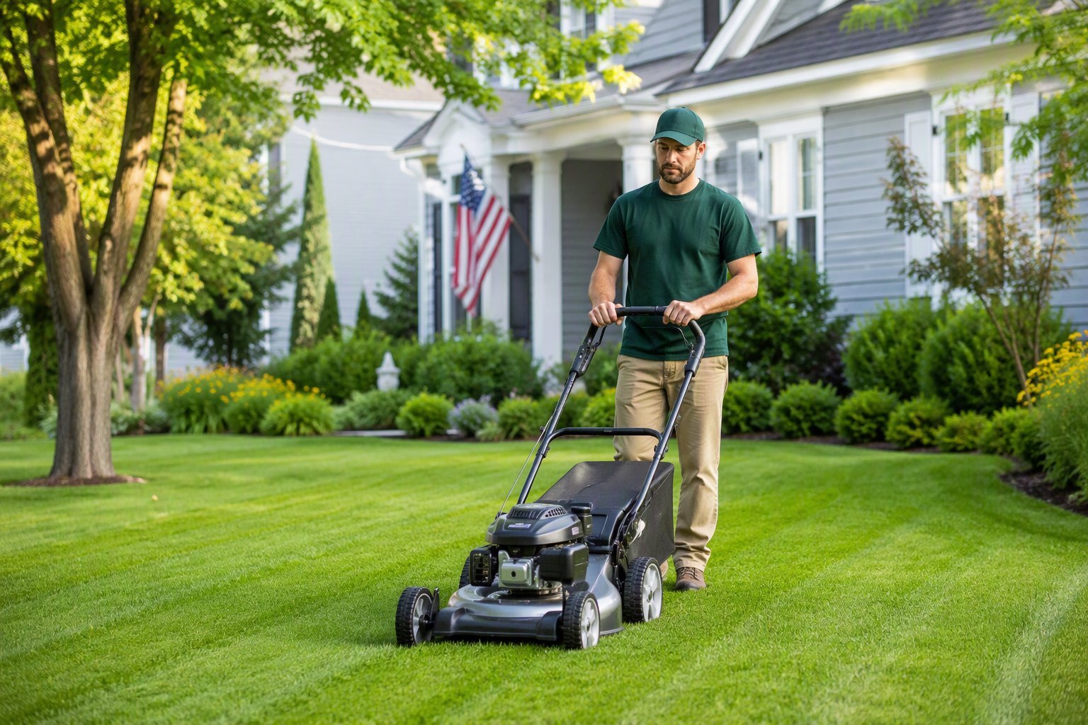 A freshly mowed suburban lawn with clean stripes